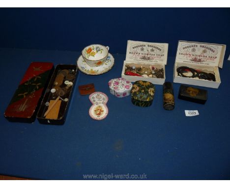 A quantity of small Victorian decorated boxes, china cup and saucer, trinket box, etc. 
