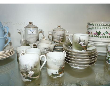 A Chinese porcelain Teaset with hand painted village scene including cups, saucers and teapot, a/f.