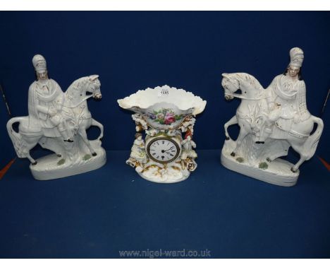 A pair of Staffordshire flat back figures on horseback, (one horse head damaged), together with a French ceramic 8 day clock 