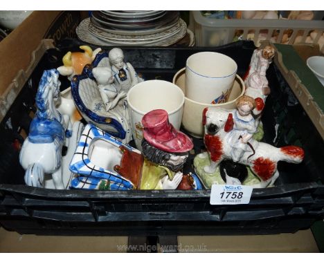 A quantity of mixed china figures including man in a car, horse, two Staffordshire flatbacks, Royal Worcester cup etc