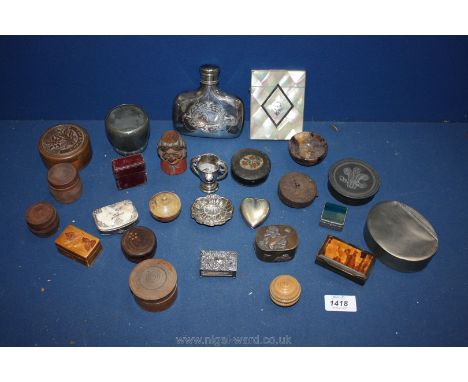 A box of miniature pill boxes, mother of pearl card case, EPNS flask, treen boxes, mother of pearl purse etc.