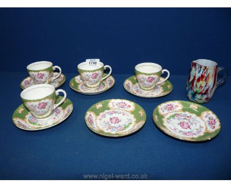 A Grafton part Coffee set comprising four cups and six saucers (one a/f), green ground with floral panels, plus small end of 
