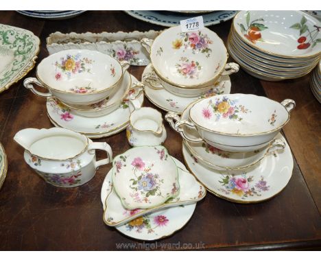 A quantity of china including six Royal Crown Derby two handled soup bowls and six saucers, long bud vase, pin dishes, jugs e