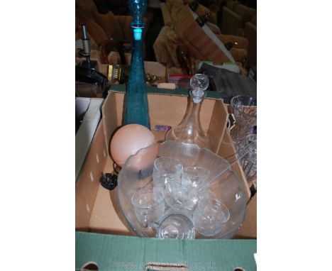 A French crystal 'Arcoroc' punch bowl with a ladle and eight cups, tall turquoise bottle, ship's decanter and orange bulb lig