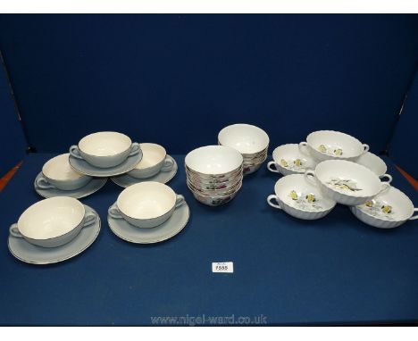 Six Spode two handled Soup Bowls, miscellaneous Chinese bowls and other two handled soup bowls and saucers.