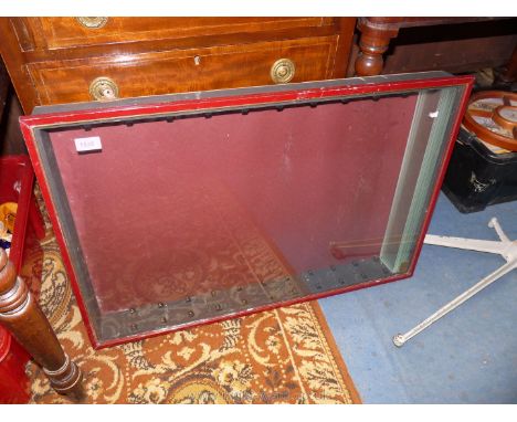 A maroon framed wall hanging model display Cabinet with numerous shelves, 22'' wide x 33'' high, 10 shelves