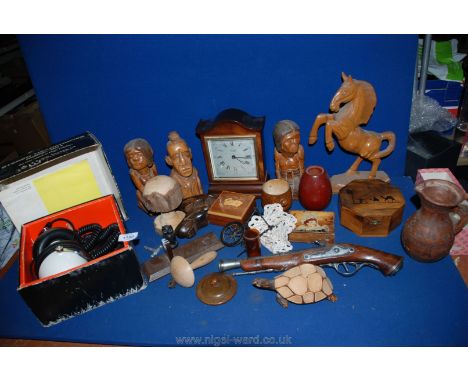 A quantity of treen including; reproduction pistol, pots, figures, clock, boxed pair of Wharfedale DD1 headphones, etc.
