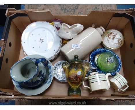 A box of china to include blue and white Chinese bowl and jug, ceramic chicken Art Deco teapot and jug, stoneware water vesse