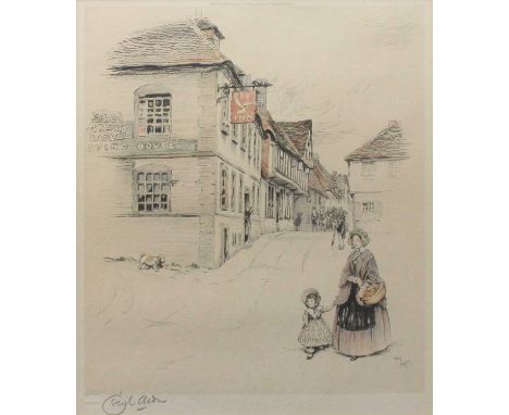 After Cecil Aldin (1870-1935)Mother and child before The Spread Eagle Resting House Signed, coloured reproduction, together w