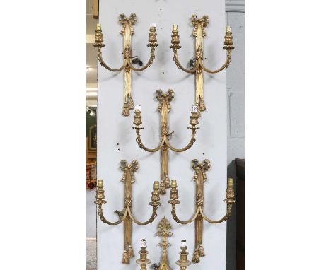 A Set of Five Twin Light Wall Scones, with ribbon tied surmounts, 40cm