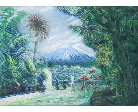 Piers Browne (b.1949)"March in Tenerife-Mount Teide"Signed, inscribed and dated (19)84, numbered 7/100, coloured etching; tog