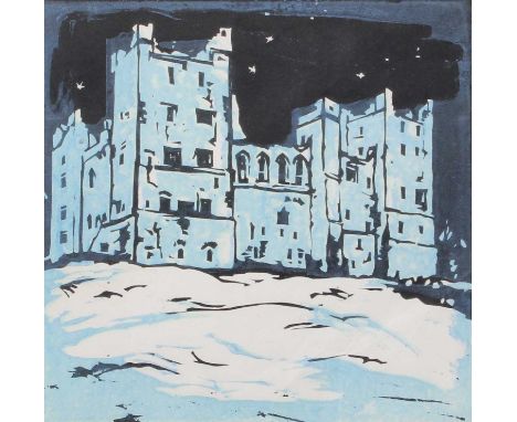 Fred Lawson (1888-1968)Bolton Castle in the snowSigned, woodcut, together with a further woodcut by the same artist of a lade