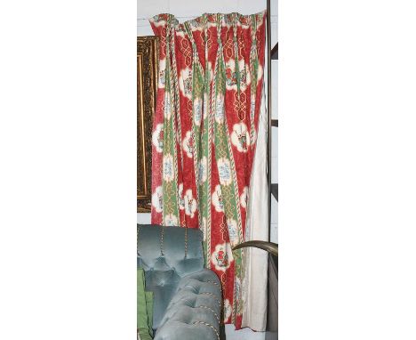 A Pair off Osborne &amp; Little Potentate Pattern Printed Curtains, in red and green, with chinoiserie figures, lined and int
