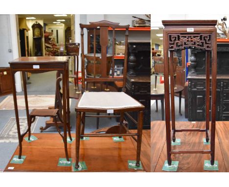 A Chinese Hardwood Plant Stand, 32cm by 92cm, an Edwardian lamp table, and a side chair of similar date 