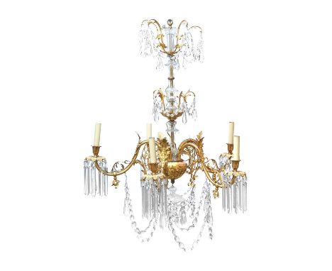 ~ A Late 19th Century Ormolu and Cut-Glass Five-Light Chandelier, the central shaft support suspending two tiers of C scrolle