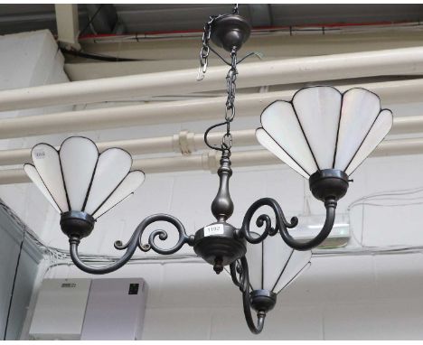 A 20th Century Three Branch Ceiling Light, with opaque lustre shades, 70cm dropGeneral wear, scratches, marks and small inden