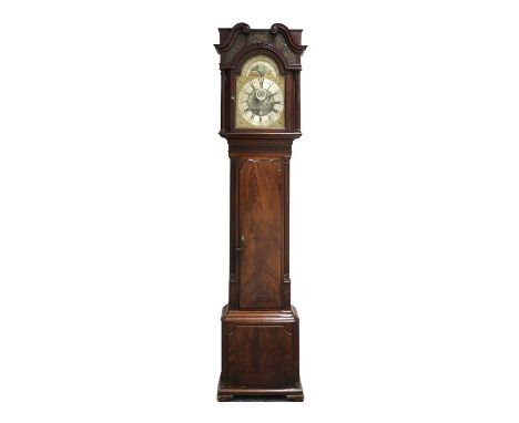 A Mahogany Eight Day Longcase Clock, signed Nathaniel Brown, Manchester, circa 1780, swan neck pediment, gilt painted front g