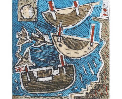 William Black (Contemporary)"Moored Boats"Signed, dated (19)62 and numbered 19/25, coloured etching, 10cm by 10cm (unframed)