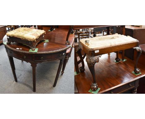 A 19th Century Mahogany Footstool, with ball and claw feet, another decorated with blind fretwork and a demi-lune side table,