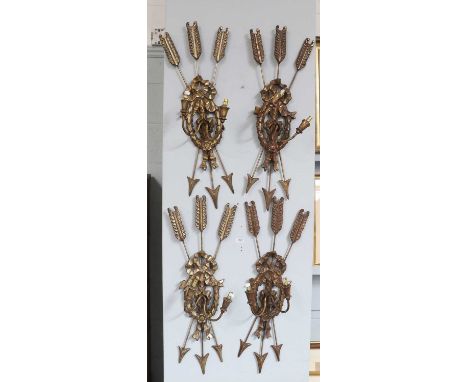 A Set of Four Gilt Arrow Motif Twin Light Wall Sconces, 90cm