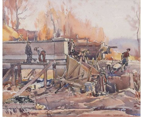 Fred Lawson (1888-1968)At work building a bridgeSigned, pen and watercolour, together with a further pen and watercolour sign