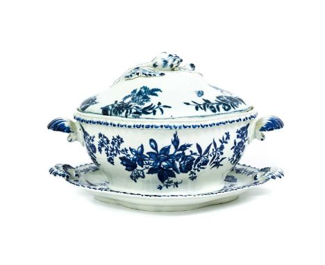A Worcester Porcelain Tureen, Cover and Stand, circa 1770, of quatrefoil shape, with shell moulded handles and artichoke knop