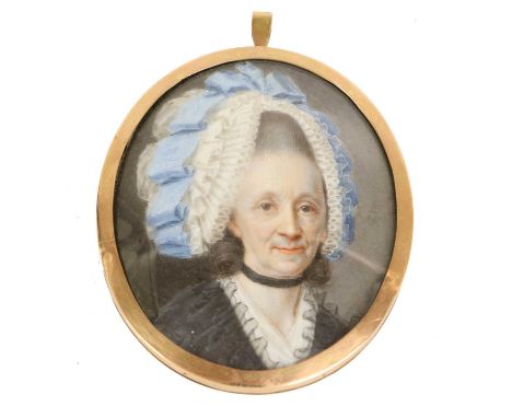 English School (early 19th century): Miniature Portrait of a Lady, bust length, with lace-trimmed cap tied with a blue ribbon