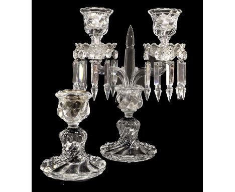 A Baccarat Glass Twin-Light Candelabrum, modern, with obelisk finial flanked by two branches, the circular fluted drip pans h