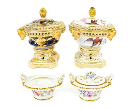 A Derby Porcelain Pot Pourri and Cover, circa 1810, with gilt satyr masks and painted in coloured enamels with birds, painted