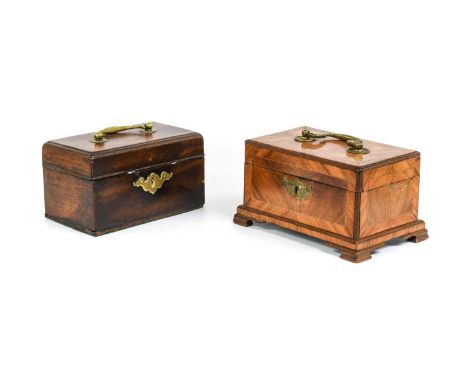 A George II Walnut and Herringbone-Banded Tea Caddy, of rectangular form, the hinged cover with swan-neck handles, on ogee br