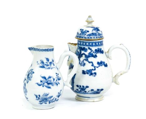 ~A Chinese Porcelain Hot Water Jug and Cover, 18th century, of silver shape, with stepped knop and double scrolling handle, p