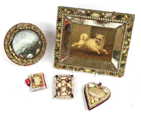 A Collection of Various Shells, in a box with geometric section dividers and sliding coverA Sailor's Shell Valentine Diorama,