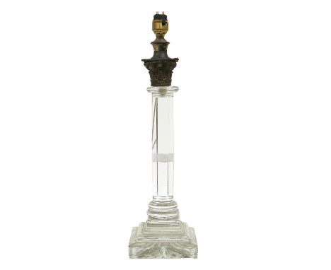 ~ A Metal-Mounted Glass Table Lamp, late 19th/early 20th century, as a corinthian column on a stepped square base, adapted fo