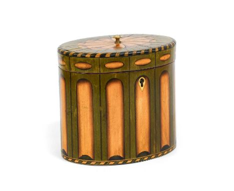 A Green-Stained and Inlaid Satinwood Tea Caddy, 19th century, of oval form, the hinged cover and inner cover with turned bone