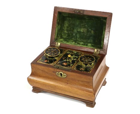 A George II Walnut Tea Caddy, of bombé form, the hinged stepped cover with swan-neck handle enclosing three painted and gilt 
