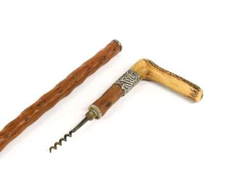 A Victorian Blackthorn Walking Stick Corkscrew, the stag horn handle with white metal collar embossed with foliage and a cart