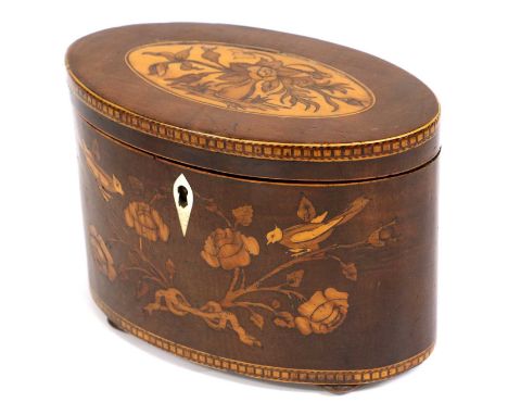 A George III Mahogany and Marquetry Tea Caddy, of oval form, the hinged cover with foliate panel over a ribbon-tied foliate w