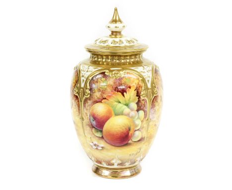 A Royal Worcester Porcelain Potpourri Vase and Pierced Cover, by Paul English, painted with apples, peaches and grapes, signe