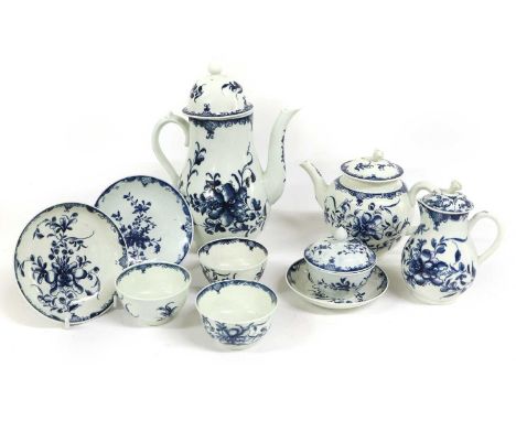 A Worcester Coffee Pot and Cover, circa 1775, painted in underglaze blue with the "Mansfield" pattern, workman's mark 24cm hi