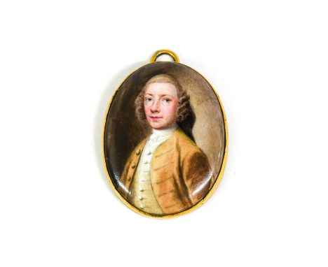 Circle of Nathaniel Hone (1718-1784): Miniature Portrait of a Gentleman, half length, wearing a wig, white stock, cream waist