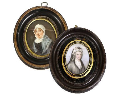 English School (early 19th century): Miniature Portrait of a Lady, bust length, wearing a white lace cap with black scarf and