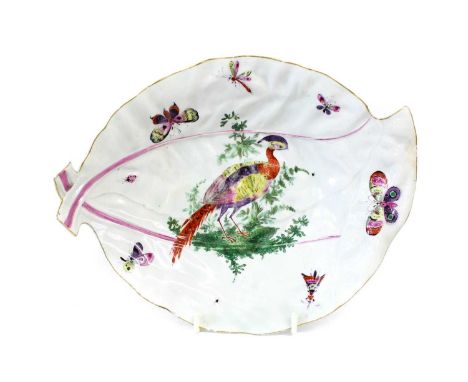 A Worcester Porcelain Leaf Moulded Dish, circa 1770, painted in coloured enamels with an exotic bird stood amidst foliage, su