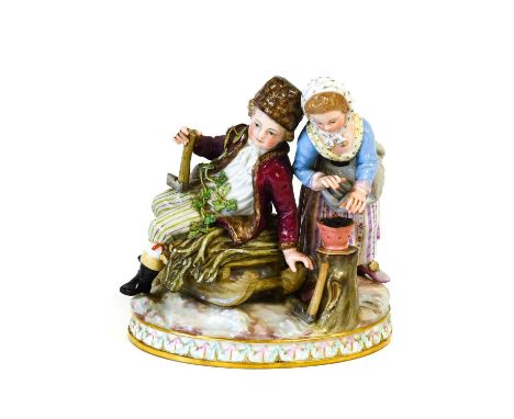 A Meissen Porcelain Figure Group Allegorical of Winter, late 19th century, modelled as a young girl and boy, she warming her 