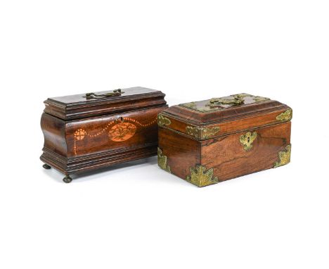 A George III Mahogany and Marquetry Tea Caddy, of bombé rectangular form, the stepped hinged cover enclosing three compartmen