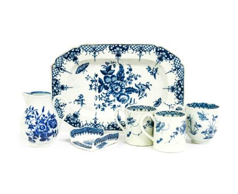 A Worcester Porcelain Shaped Rectangular Dish, circa 1775, printed in underglaze blue with the "Pinecone" pattern, hatched cr