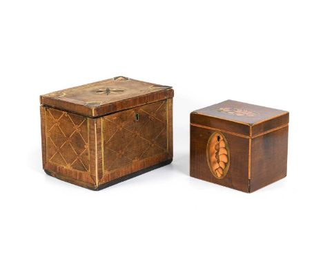 A George III Stained Wood and Parquetry Tea Caddy, of rectangular form, decorated with latticework and star bursts18cm wideA 