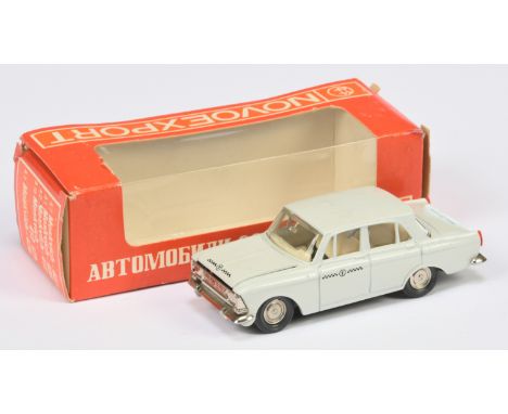 Russian Diecast 1/43rd scale A2 Moskvich 412 Taxi - light grey, ivory interior, chrome trim and hubs - Excellent with poor pa