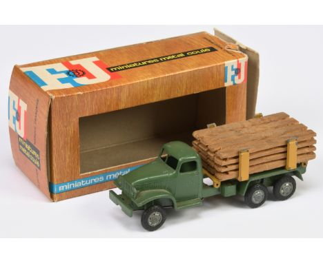 FJ Miniature - Flat Truck with Wood Panel Load - Green truck with yellow bed - Good to Good Plus in Good to Good Plus box.