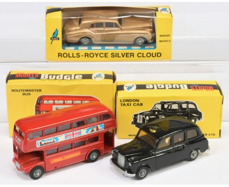 Budgie Toys, a mixed group of car to include (1) Rolls Royce Silver Cloud, (2) London Taxi Cab (3) Routemaster Bus - Excellen