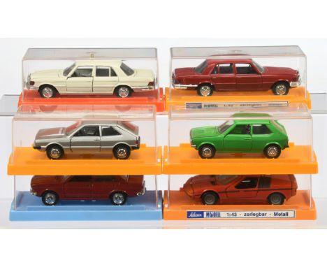 Schuco a group of 1/43 Scale cars - Including (1) 301 620 VW Scirocco; (2) 301 612 Mercedes 350 SE plus others similar (see p